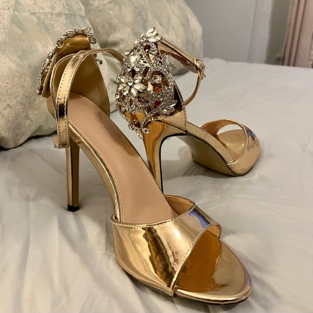 Metallic Rose gold & crystal open toe stilettos